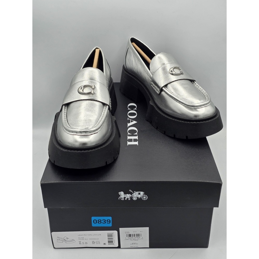 Coach Leah Metallic Leather Silver Loafers Chunky Heel SIZE 8.5 B NEW MSRP $195